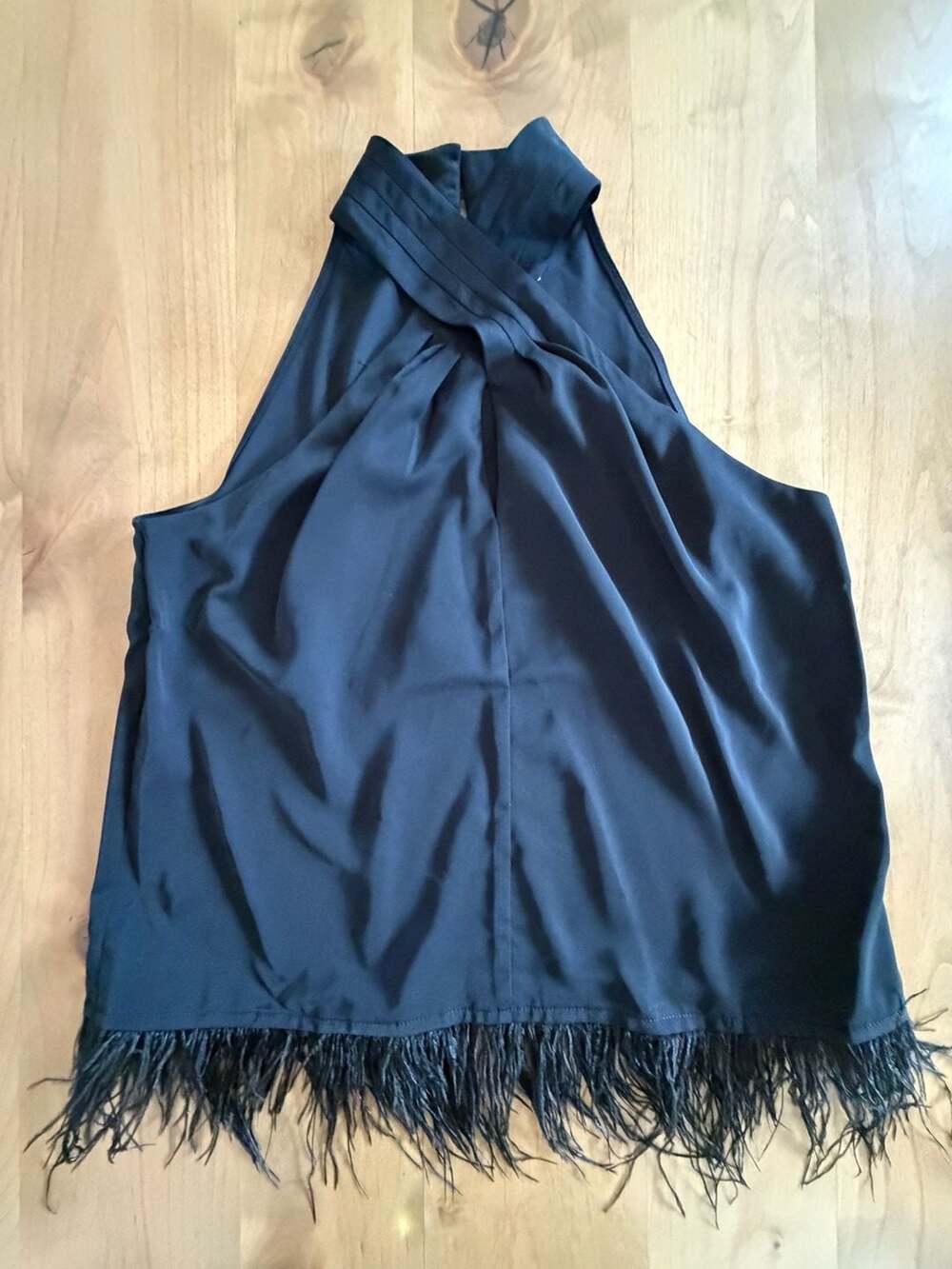 Cato Black Satin Halter Top with Feather Fringe Hem